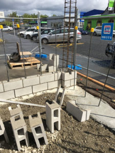 Outdoor seating area underway for Winnie Bagoes. Structural steel and breeze blocks in place