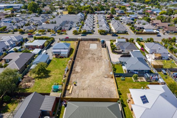 Drone photo of clear site ready for four new builds by Code Construction