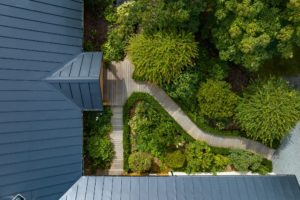 Birds eye drone photo of completed timber path and landscaping by Code Construction